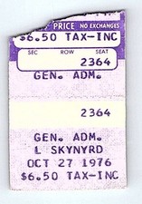 Lynyrd Skynyrd Concert Ticket Stub October 27 1976 Waterbury Connecticut