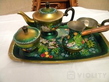 Set da tè vintage URSS Zhostovo vassoio in metallo dipinto a mano teiera zuccheriera turca