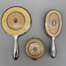 Vintage Vanity Silver Plated Enamel Ornate Hand Mirror Cat Eye Gemstone