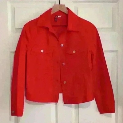 H&M Divided Women Denim Jacket Red Size XS Trucker Cotton Button Up Long Sleeve