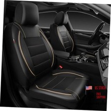 Universal FIT Piping Leather Two Front Seat Covers, Waterproof Black Beige
