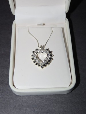 SAPHIR CZ HERZ ANHÄNGER HALSKETTE STERLING 925 FEDER WEISS LEDER BOX VINTAGE