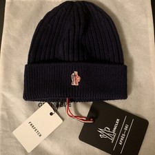 Moncler Logo Unisex Wool tricot Beanie Ribbed Cable Knit Hat Navy Blue Men Women