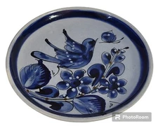 Signed Tonala Salad Plate 8" Blue Bird & Flowers Hand Painted Mexico Vintage