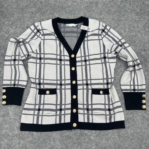 New York & Company Womens Cardigan Sweater XL White Black Gold Buttons Preppy