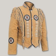 Women's Cow Lady Suede Jacket Vintage Fringes And Beads Western Leather Coat