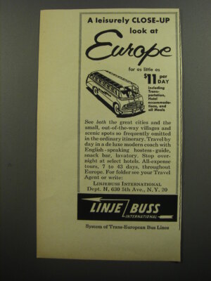 1956 LinjeBuss International Ad - A leisurely close-up look at Europe