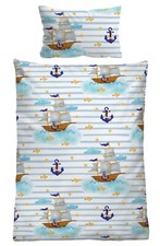 Biberna Linon Kinder-Bettwäsche 'Schiffe' 100 x 135 cm Ciel - 0044491222014