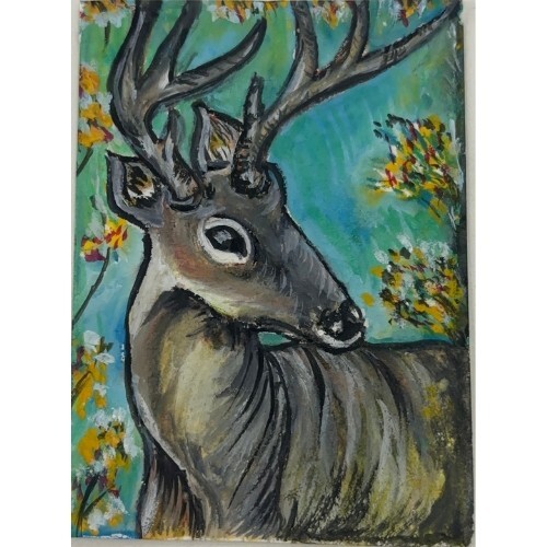 ACEO Original Watercolor Wild Deer Forest Colourful Art Card Miniature NEW