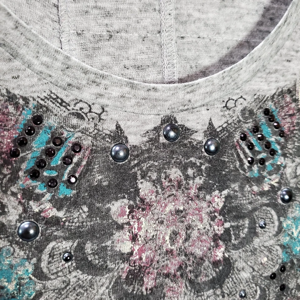 Top Mujer Decree M Gris Camisa Mezcla Lino Floral Estrás Manga Corta LEER Foto 3 de 4