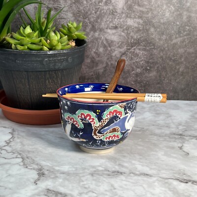 5'' Japanese Red-crowned Crane and Tree Ramen Noodle Bowl with Chopsitcks & spoon