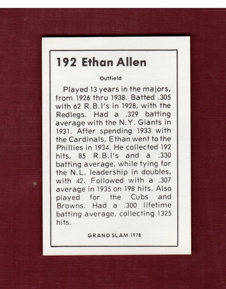 #192 ETHAN ALLEN, Chicago Cubs ~ 1978 Grand Slam/A Jack Wallin production NM - Image 2 of 2