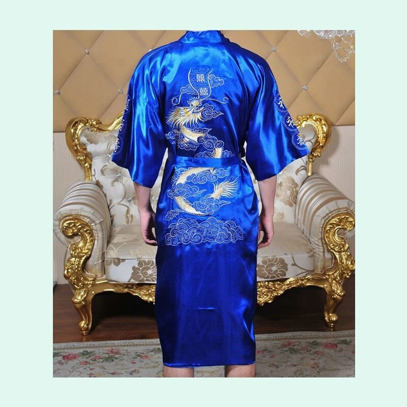 Albornoz Hombres Satén Seda Bata Bordado Dragón Kimono Prendas para dormir Moda Estilo Foto 4 de 4