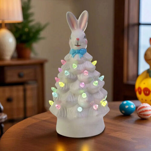 Ceramic Easter Rabbit Tree Figurine with LED Light.Collectible Holiday Decor