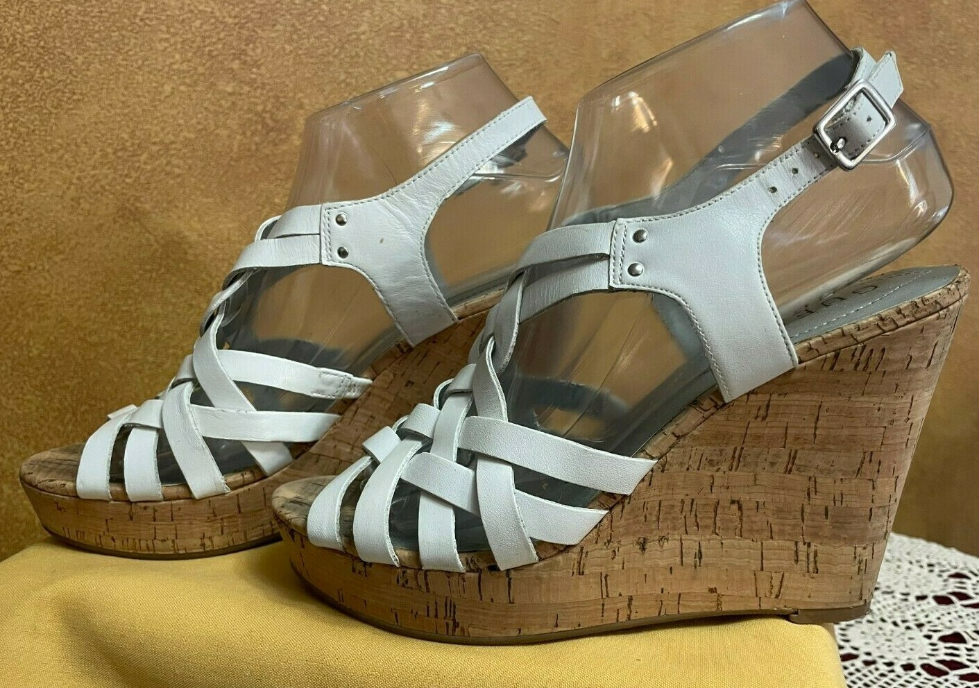 Women's GUESS Strappy Cork Wedge Sandals Shoes White … Gem