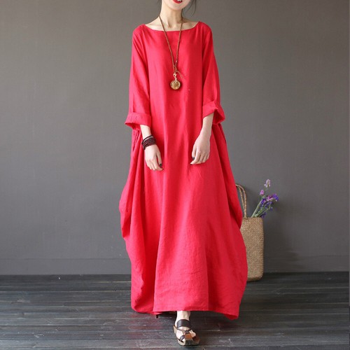 Abito da donna lino cotone top abito caftano sciolto lungo pipistrello maxi abito camicia - Foto 20 di 26