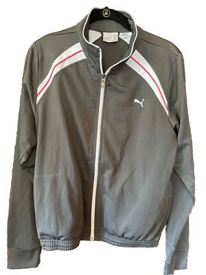 Puma Track Jacket Gray Zip Up  Womens Medium. Zip Pockets. Stripes Retro