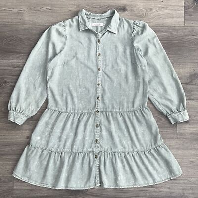Billy T Flounce Shirt Dress Medium Mineral Wash Sage Green Tiered Hem Boho  | eBay