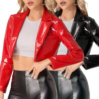Women's Patent Leather Cropped Coat Long Sleeve Jackets