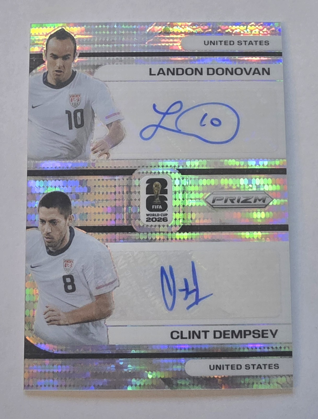 Landon Donovan Clint Dempsey 2026 Panini Prizm World Cup Dual Auto Celestial USA view 1