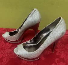 Bakers silver glitter platform pumps High Heels Stiletto Shoes Open Toe 7 M