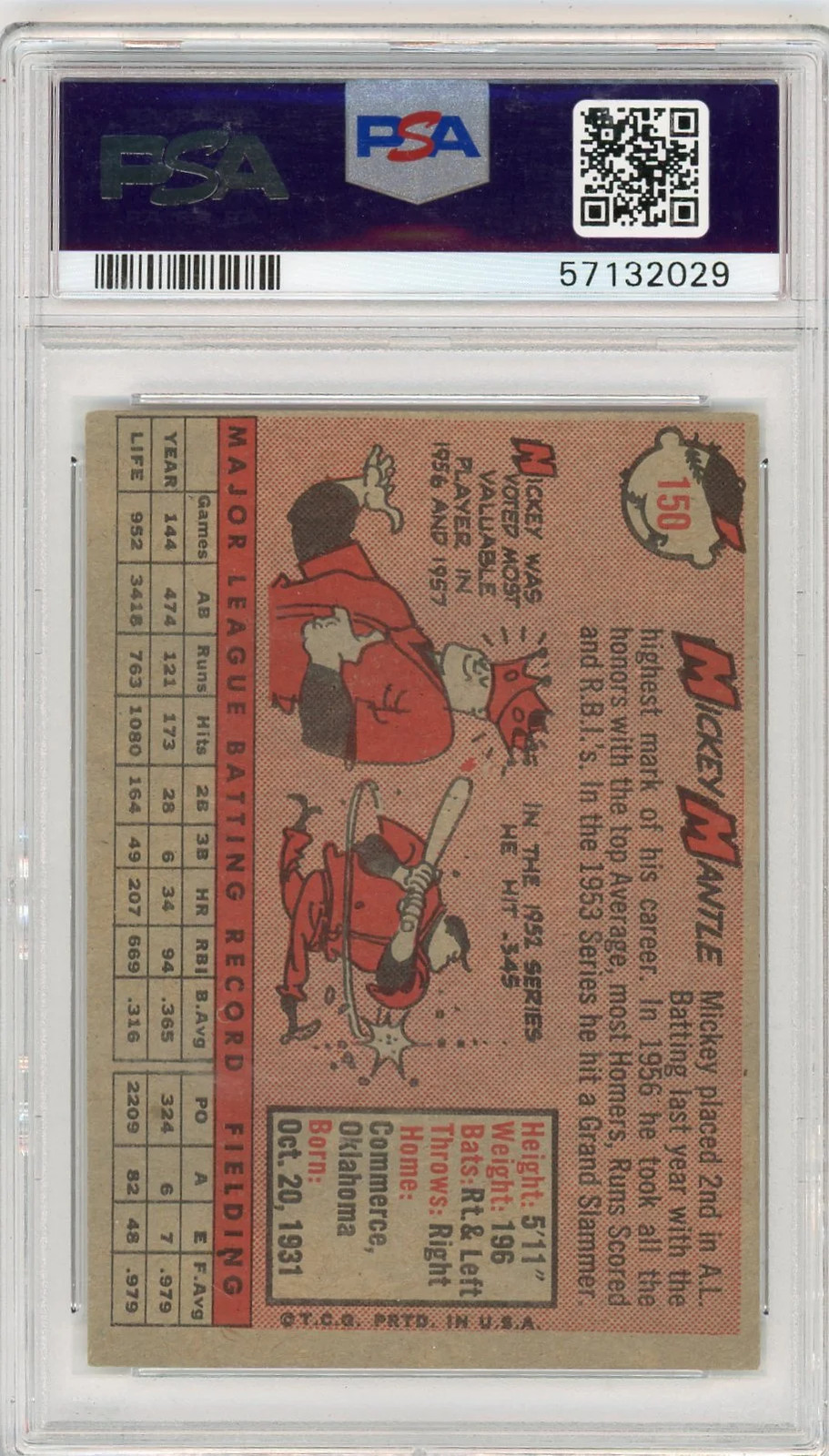 1958 Topps Mickey Mantle #150 PSA 4 view 2
