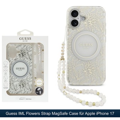 Guess MagSafe Case Handy Hülle Schutz Cover IML Flowers für iPhone 17 weiß gold