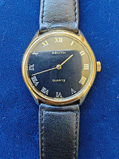 Zenith Quartz Quarz Armbanduhr Gold Schwarz römische Ziffern Lederband