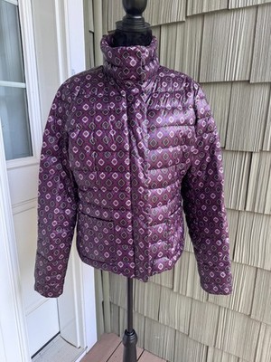 LANDS END BURGUNDY PATTERNED DOWN PUFFER JACKET COAT FULL ZIP WOMENS M EUC