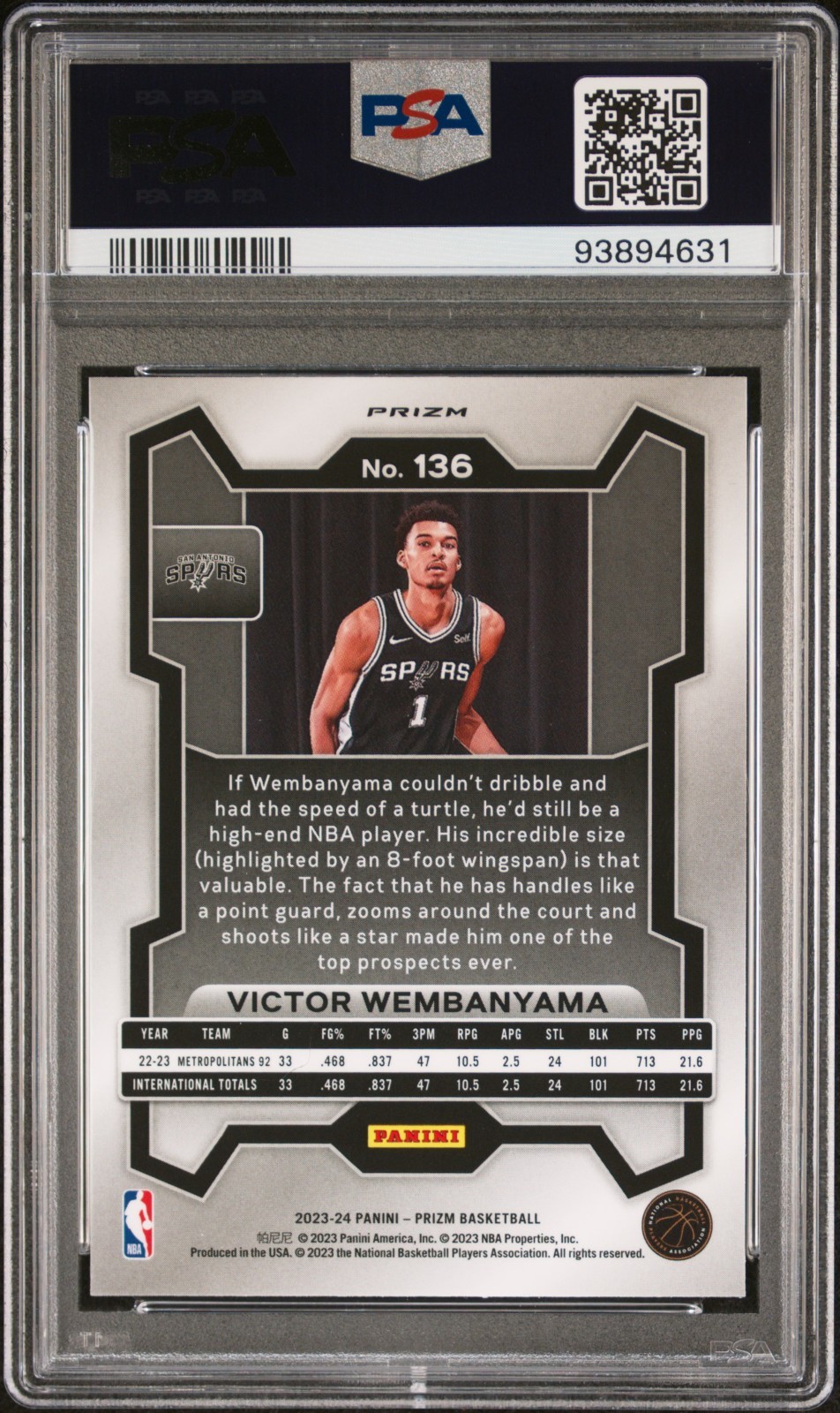 VICTOR WEMBANYAMA 2023 PRIZM FAST BREAK RC #136 PSA 9 MINT! SPURS ROY #93894631 view 2
