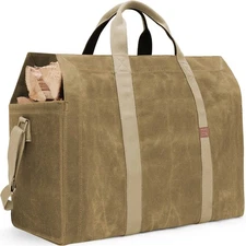 22oz Waxed Canvas Fire Wood Log Carrier Tote Bag for Fireplace with Patented ...