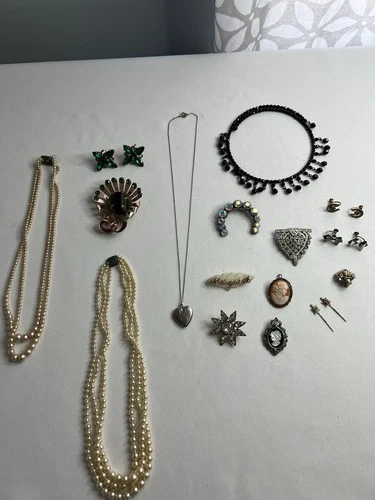 VINTAGE ART DECO JEWELRY LOT 17pcs 800 SILVER SHELL CAMEO STERLING RHINESTONE