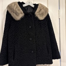 Vintage, Genuine Miracurl, Black Persian Lamb with Mink Collar Dress Coat Granny