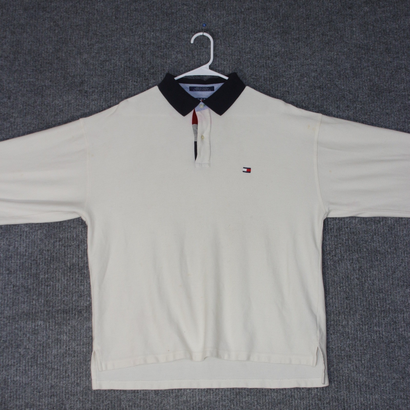 Vintage Tommy Hilfiger Polo Shirt Mens XL White Long Sleeve Rugby 90s Flag Logo