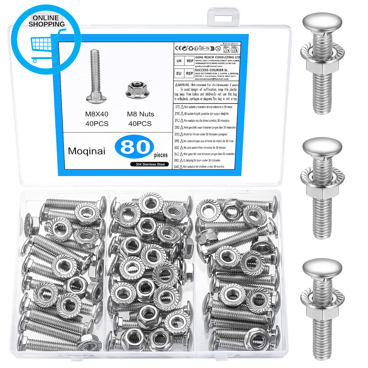 80Pcs M8 X 40Mm Carriage Bolts and Nuts Set, Stainless Steel Coach Bolts with He