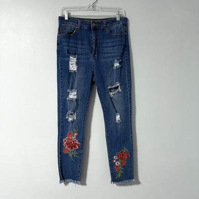 VIP Jeans Girl's Skinny Distressed Embroidered Medium Wash Size 12 High Rise