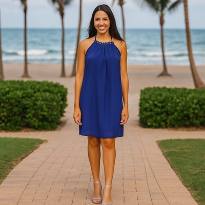Guess Los Angeles Halter Dress Women XS Royal Blue Lined Gold Beads Vacation Par
