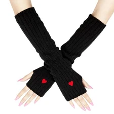Cute Heart Long Fingerless Y2K Goth Harajuku Arm Warmers for Women Girls, Black