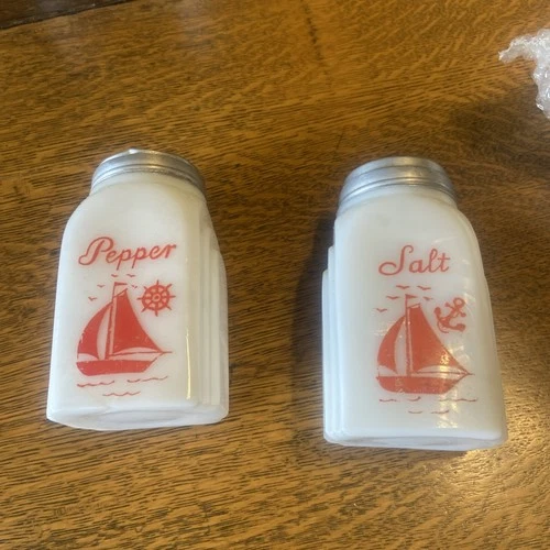 vintage McKee Roman Arch White Milk Glass Salt and Pepper Shaker with Red Sail b
