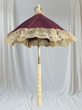 French Pagoda Parasol For Poupee Bone Handle Original Burgundy Circa 1860