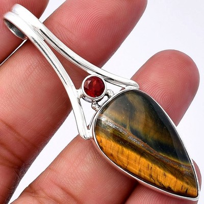 Natural Tiger Eye - Africa & Garnet 925 Sterling Silver Pendant Jewelry P-1006