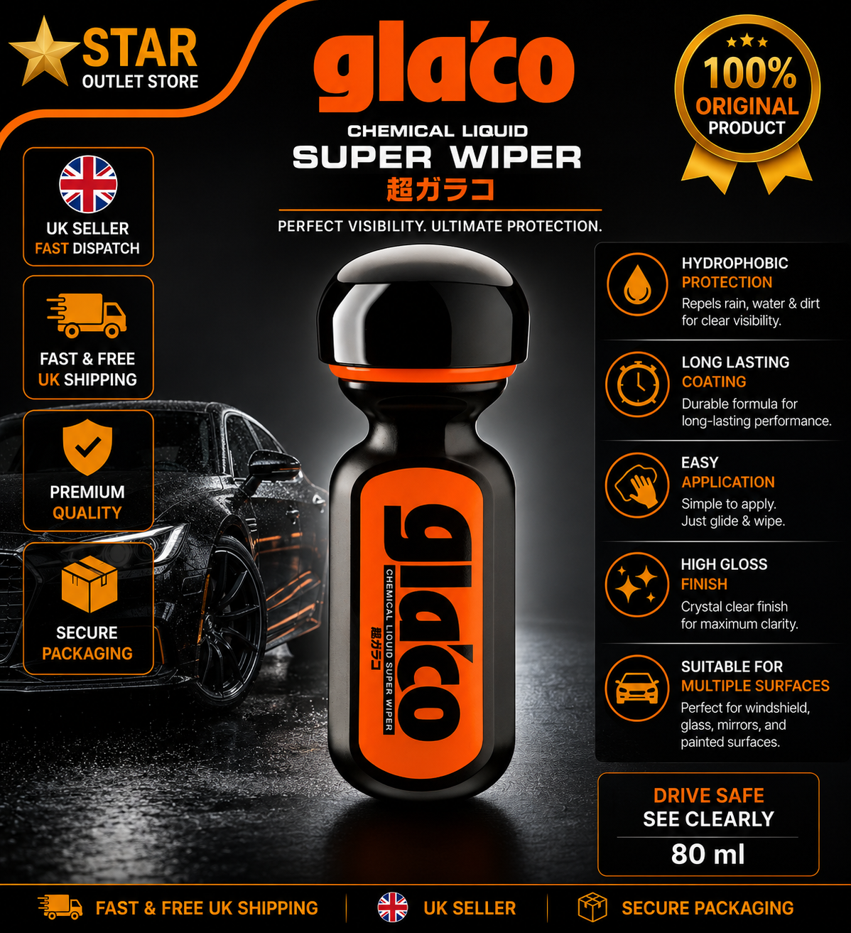 Glaco Super Wiper Chemical Liquid Car Glass Rain Repellent Coating - UK SELLER -