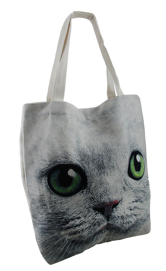 Zeckos Green Eyed Cat Face Oversized Canvas Tote Bag