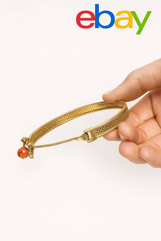 复古 Miriam Haskell 天然珊瑚黄铜铰边手镯 罕见 20 世纪 40 年代 — 第 4/4 张图片