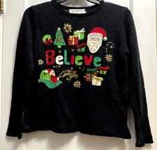 VTG Tiara International Women's Christmas Sweater Black Believe Santa Size Small