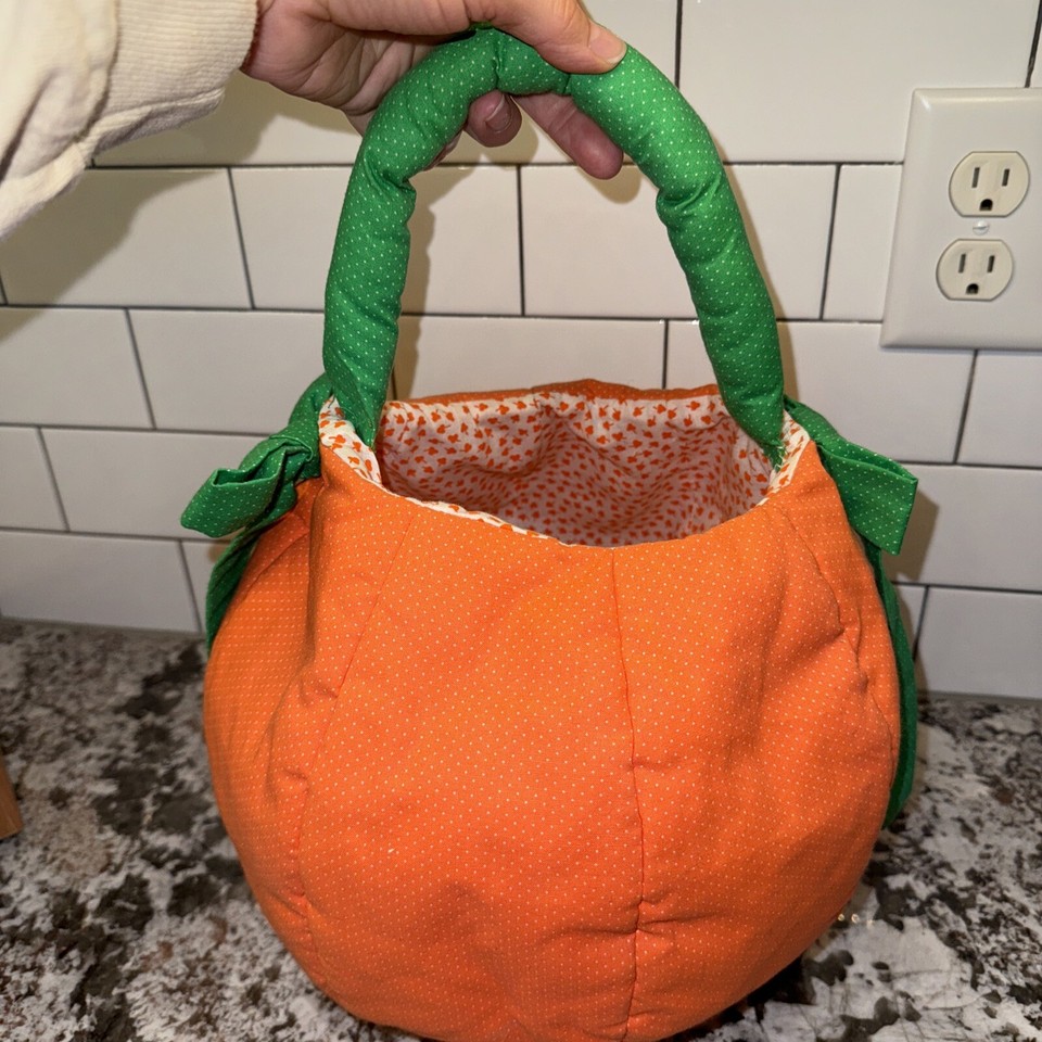 Vtg Handmade Quilted Fabric Halloween Jack O Lantern Pumpkin Candy Pail