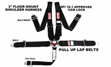 SFI 16.1 RACING HARNESS 5 POINT PULL UP LAP BELTS FLOOR MOUNT 3" CAM LOCK BLACK