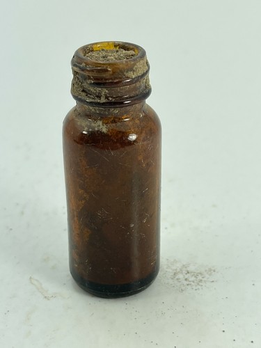 Vintage Toiletry Medicine Mini 2.5" T x 1" Diam Round Brown Glass Bottle S35 - Picture 3 of 6