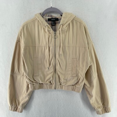Forever 21 Jacket Womens Sz S Beige Full-Zip Flannel Lined Hooded Bomber  Cropped