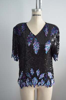 Bejeweled Sequined Scalloped Leaves Edge Top Blouse Short Sleeve